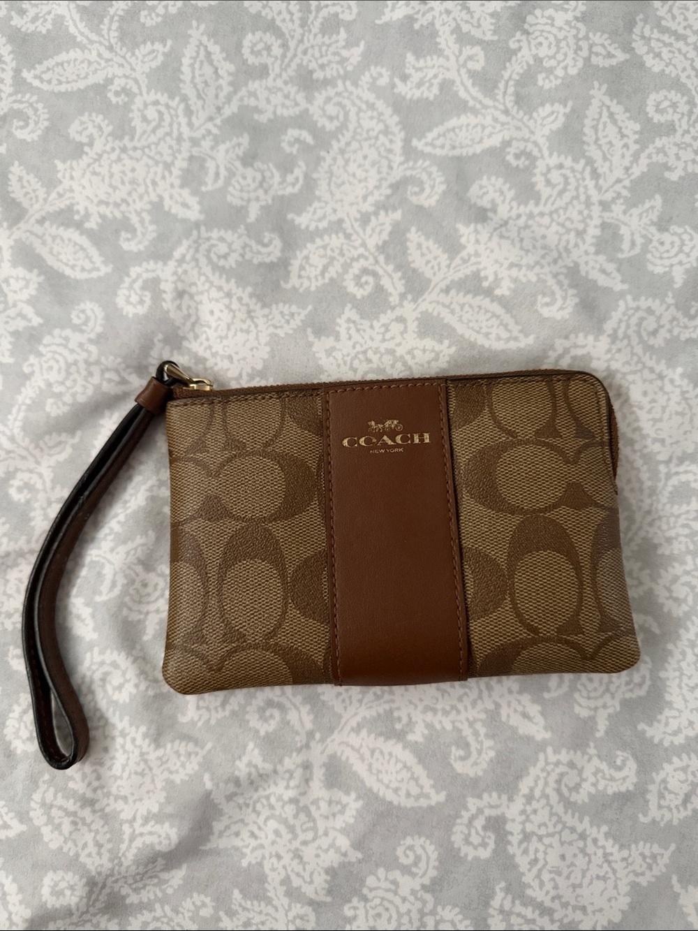 COACH Brown Signature Canvas Wristlet with Leather Strap